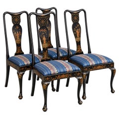 Early 20th-C. Painted English Queen Anne Style Chinoiserie Dining Chairs - Set 4