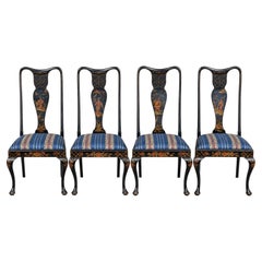 Early 20th-C. Painted English Queen Anne Style Chinoiserie Dining Chairs - Set 4