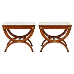 Mid-Century Neo-Classical Style Walnut & Marble Side Tables Or Stools - Pair