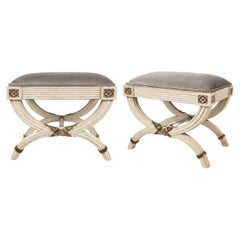 Neo-Classical Gustavian Style Painted Curule Stools / Ottomans In Velvet - Pair