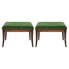 Mid-Century French Louis XVI Style Walnut & Green Velvet Ottomans - Pair