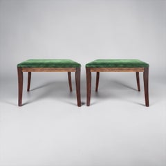 Mid-Century French Louis XVI Style Walnut & Green Velvet Ottomans - Pair