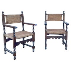 19th-C. French Louis XVIII Style Rush & Carved Walnut Bobbin Arm Chairs - Pair