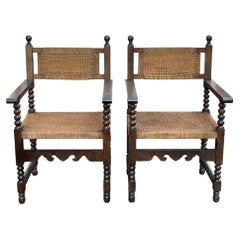 19th-C. French Louis XVIII Style Rush & Carved Walnut Bobbin Arm Chairs - Pair