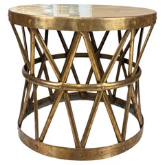 Neo-Classical Campaign Style Tambour Drum Form Brass Side Table Att. Sarreid