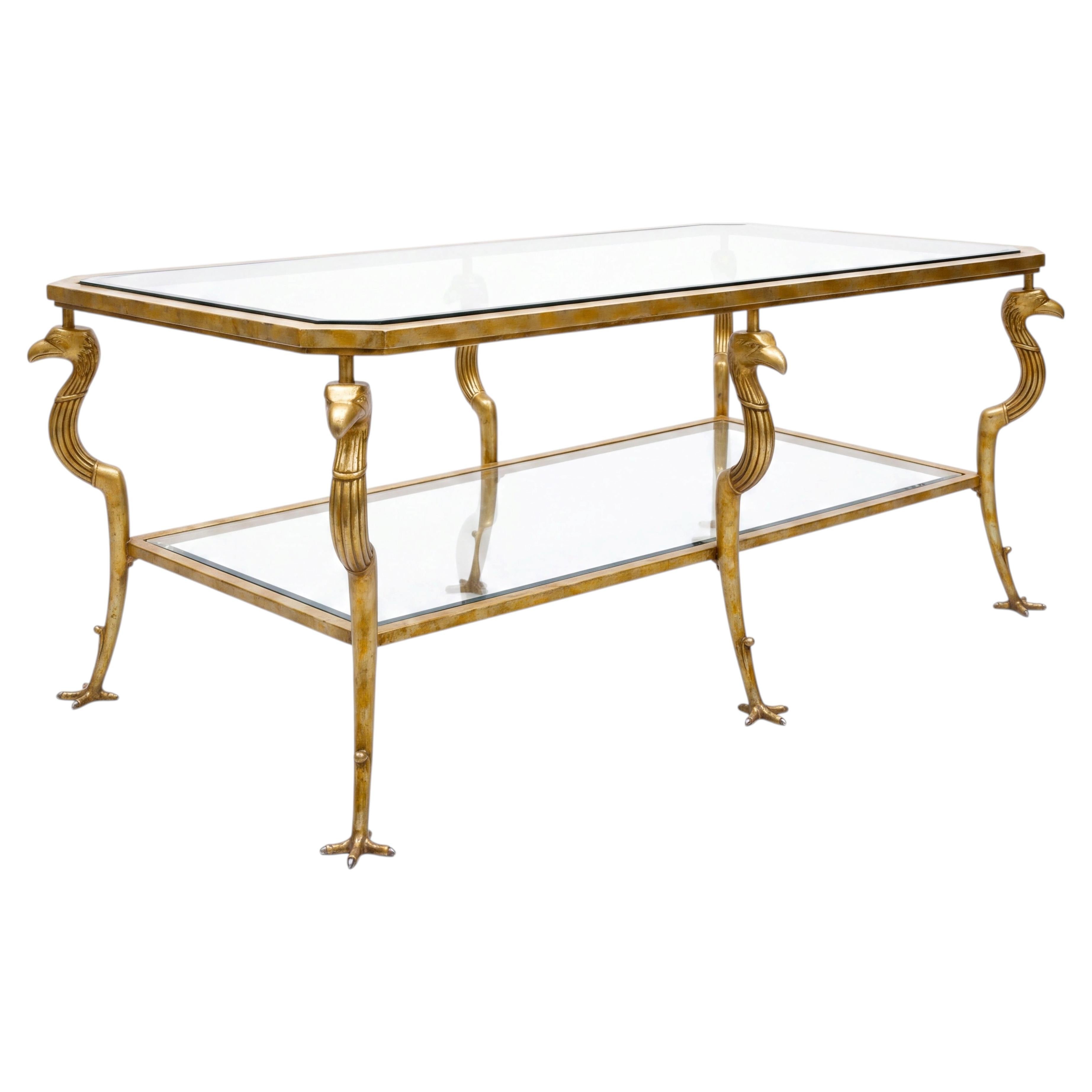 French Maison Jansen Style Gilt Metal & Glass Eagle Form Two Tier Coffee Table For Sale
