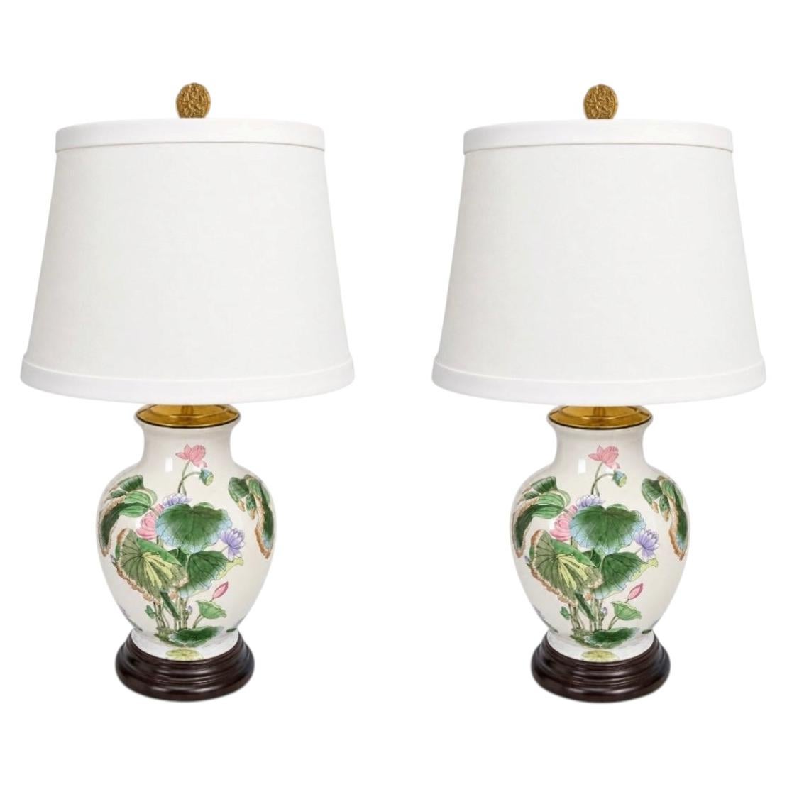 Mid-Century Chinese Export Ceramic Lotus & Floral Table Lamps - Pair For Sale