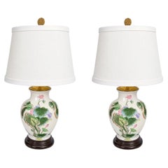 Mid-Century Chinese Export Ceramic Lotus & Floral Table Lamps - Pair