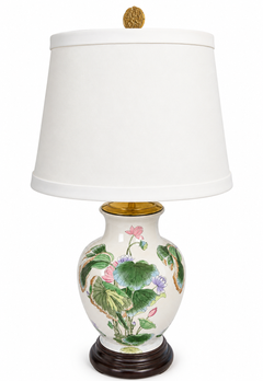 Mid-Century Chinese Export Ceramic Lotus & Floral Table Lamps - Pair