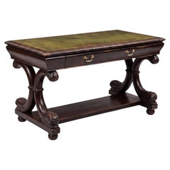 19th-C. English Regency Ebonized Library Table Desk Console Green Leather Top