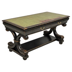 19th-C. English Regency Ebonized Library Table Desk Console Green Leather Top
