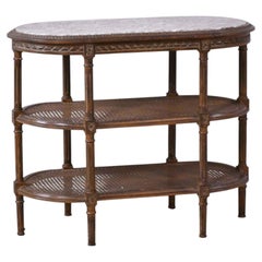 Mesa de aperitivos antigua francesa de estilo Luis XVI, de mármol y mimbre, con estructura de madera de frutales tallada