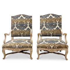 French Louis XV Style Bergere Chairs Shell Apron Cerused Finish - Pair