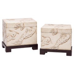 Mid-Century Asian Modern Ivory Glazed Koi Fish Box On Stand Side Tables - Pair