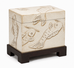 Mid-Century Asian Modern Ivory Glazed Koi Fish Box On Stand Side Tables - Pair