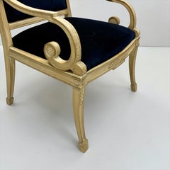 Mid-Century French Neo- Classical Style Beech & Navy Velvet Bergere Chairs -Pair