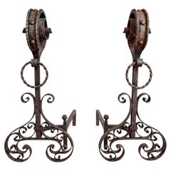 19th-C. French Hand Forged Wrought Iron Fireplace Andirons With Scrollwork Pair