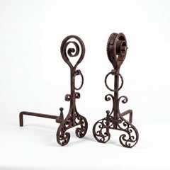 19th-C. French Hand Forged Wrought Iron Fireplace Andirons With Scrollwork Pair