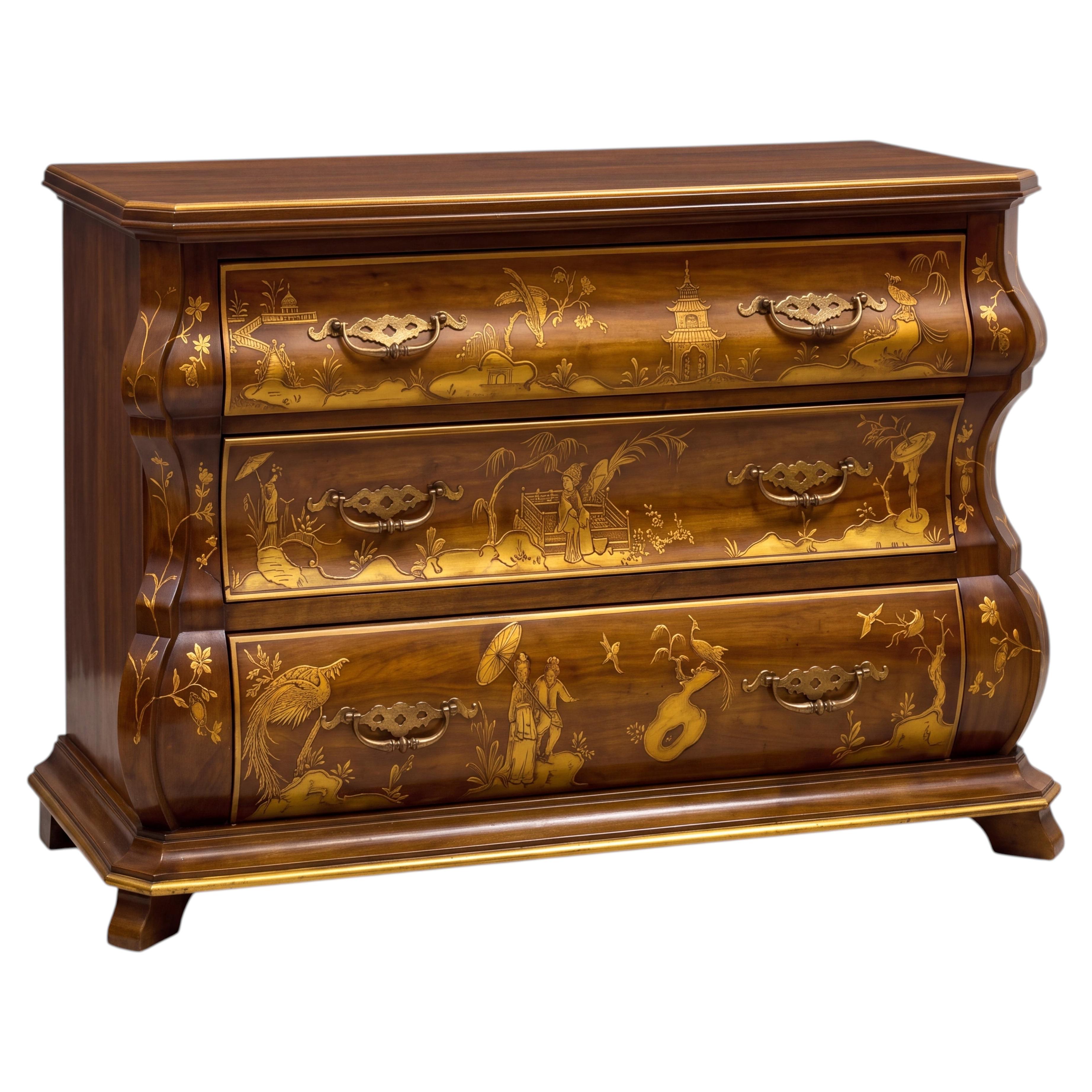 Dutch Rococo Style Chinoiserie Walnut Serpentine Bombe Chest By White Furniture For Sale