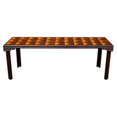 Monumental Artisan Post-Modern Mahogany Marquetry Inlaid Console Dining Table