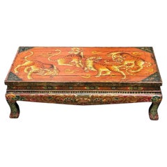 Mid-Century Chineses Tibetan Hand Painted Polychrome Coffee Table Tiger Motif