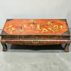 Mid-Century Chineses Tibetan Hand Painted Polychrome Coffee Table Tiger Motif