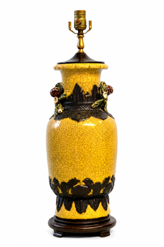 Chinese Export Style Jar / Vase Form Crackle Glaze Table Lamps W/ Fruit - Pair