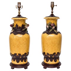 Chinese Export Style Jar / Vase Form Crackle Glaze Table Lamps W/ Fruit - Pair