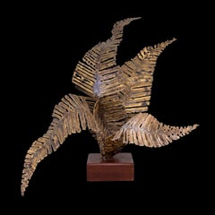 Mid-Century Modern Brutalist Torch Cut Brass Fern Sculpture W/ Wood Base