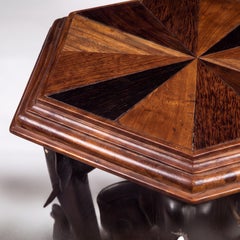 Early Anglo-Indian Carved Elephant Form Drinks Table W/ Parquetry Sunburst Top