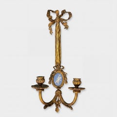 Antique French Louis XVI Style Gilt Bronze Ribbon Jasperware Putti Sconces Pair