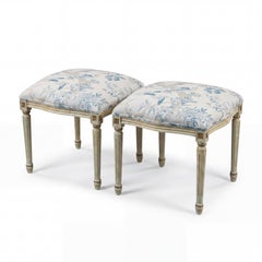 French Louis XVI Style Painted Ottomans W/ Blue & White Linen Upholstery Pair