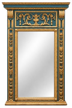 Monumental Italian Neoclassical Louis XVI Style Blue & Giltwood Trumeau Mirror