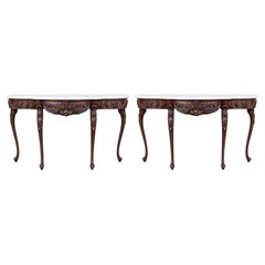 Italian French Style Carved Mahogany & Marble Top Demilune Console Tables - Pair