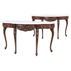Italian French Style Carved Mahogany & Marble Top Demilune Console Tables - Pair
