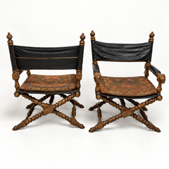 Campaign Style Leather Carved Bobbin X-Frame Director Chairs Att. Marge Carson