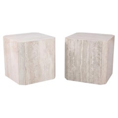 Large Scale Organic Modern Travertine Stone Cube Side Tables - Pair
