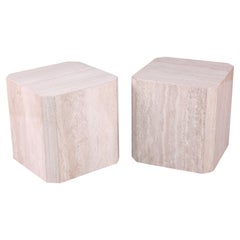 Large Scale Organic Modern Travertine Stone Cube Side Tables - Pair