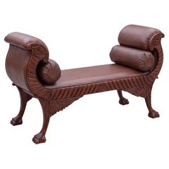 20th-C. Empire Regency Style Carved Mahogany And Leather Bench / Ottoman
