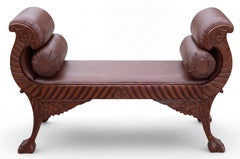 20th-C. Empire Regency Style Carved Mahogany And Leather Bench / Ottoman