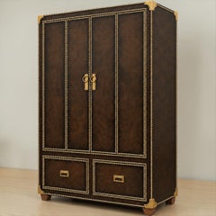 20th -C. Regency Campaign Style Leather And Brass Bar Cabinet / Armoire