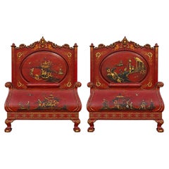 1930s Georgian Style Ball & Claw Red Chinoiserie Twin Bed Frames - Pair