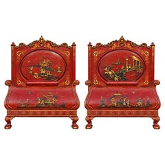 1930s Georgian Style Ball & Claw Red Chinoiserie Twin Bed Frames - Pair