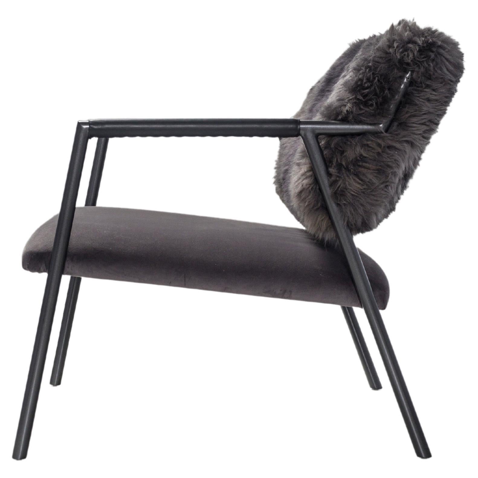 Natural Sheepskin Fur Backrest, Seat in Grey Fabric, Apollo Armchair