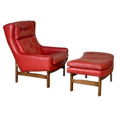 Chaise longue et pouf en cuir rouge