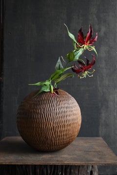 Old carved wooden spherical vase / 1970s-90s / Hand-chiseled sculptural form