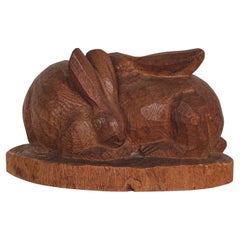 Japanese Carved Wooden Sculpture of Two Rabbits