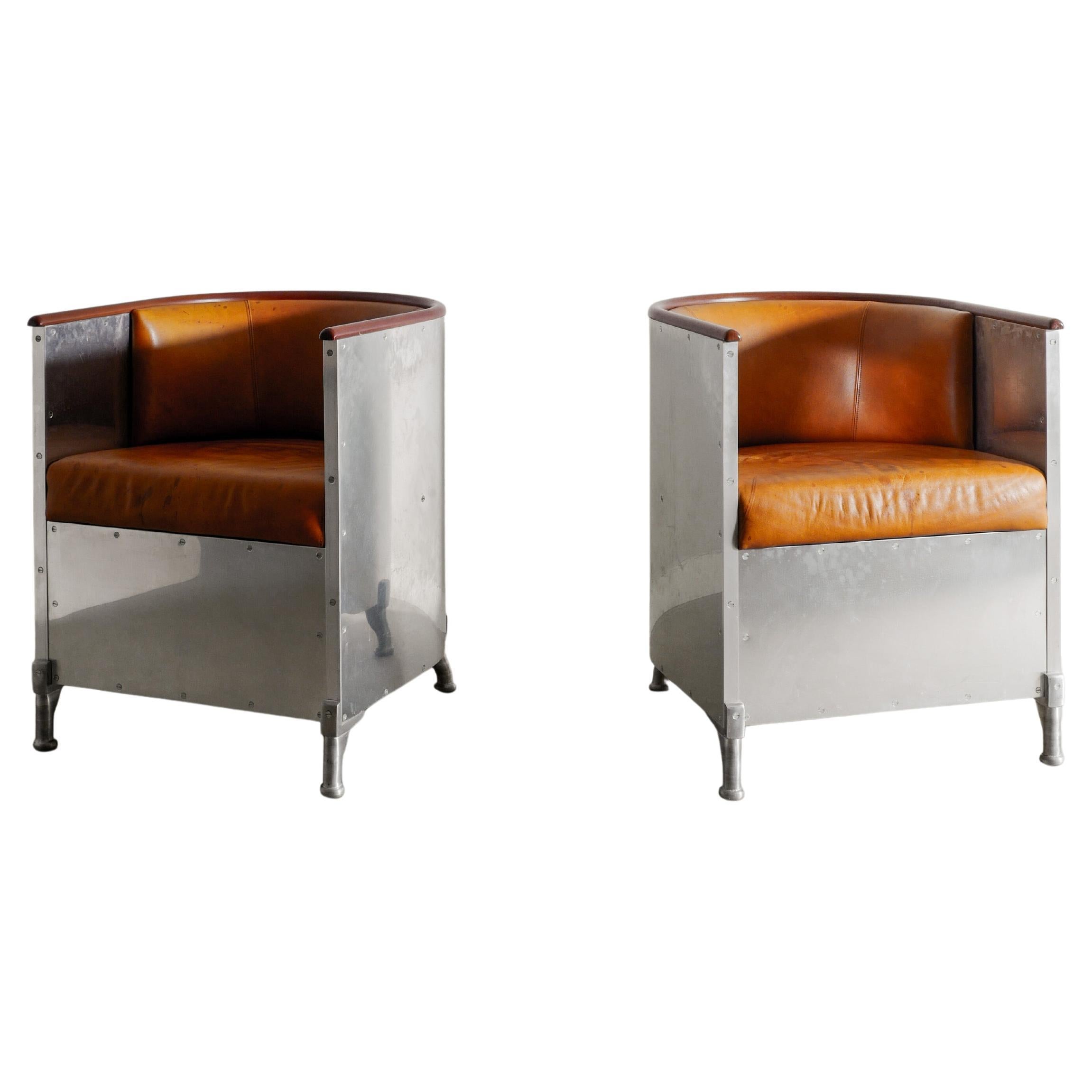 Paire de fauteuils en aluminium et cuir brun de Mats Theselius par Källemo, années 1990