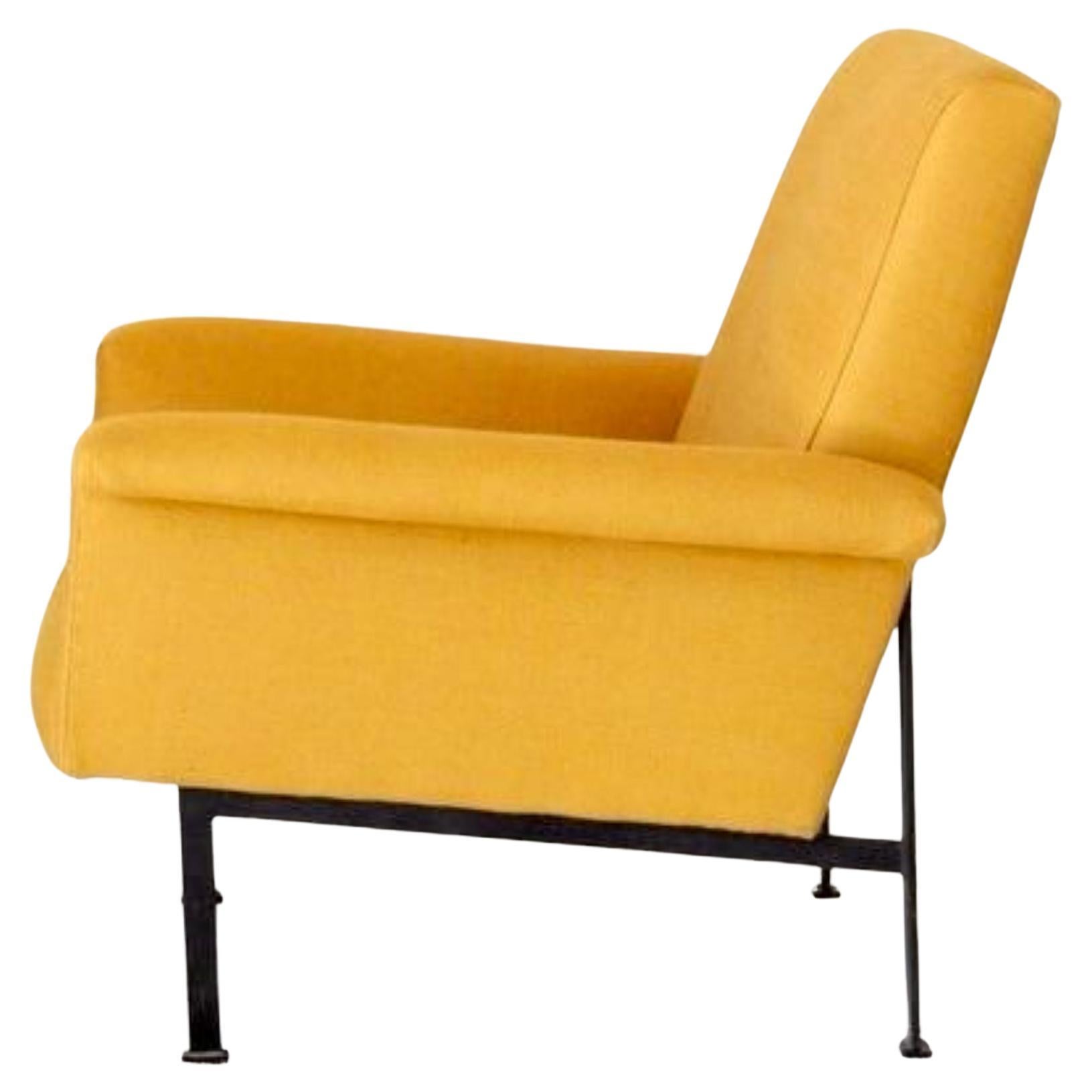 Midcentury Modern Yellow Fabric Armchair, Italy with Iron Legs, 1950s