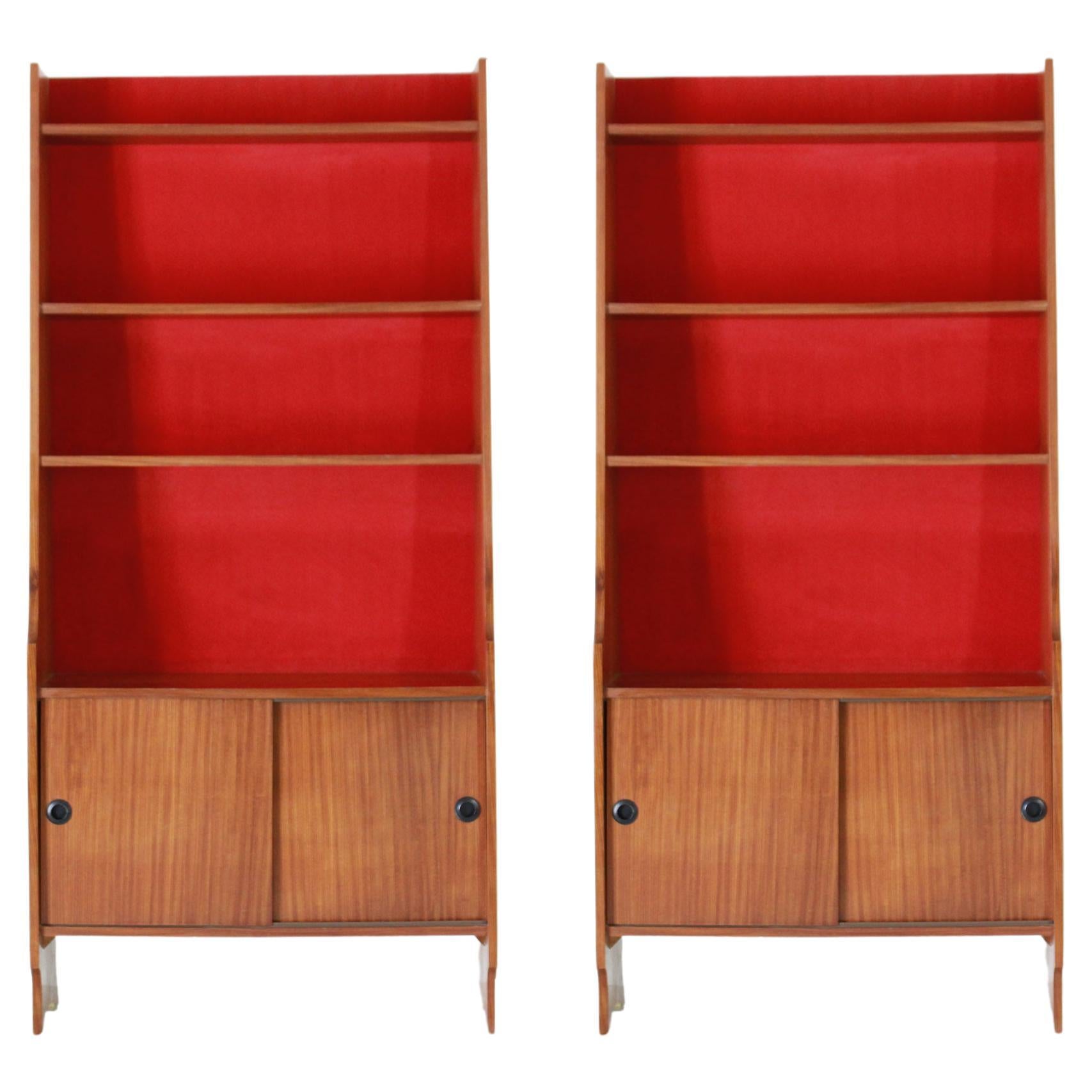 Vintage bookcase, Velvet and wood, Italy 1950s